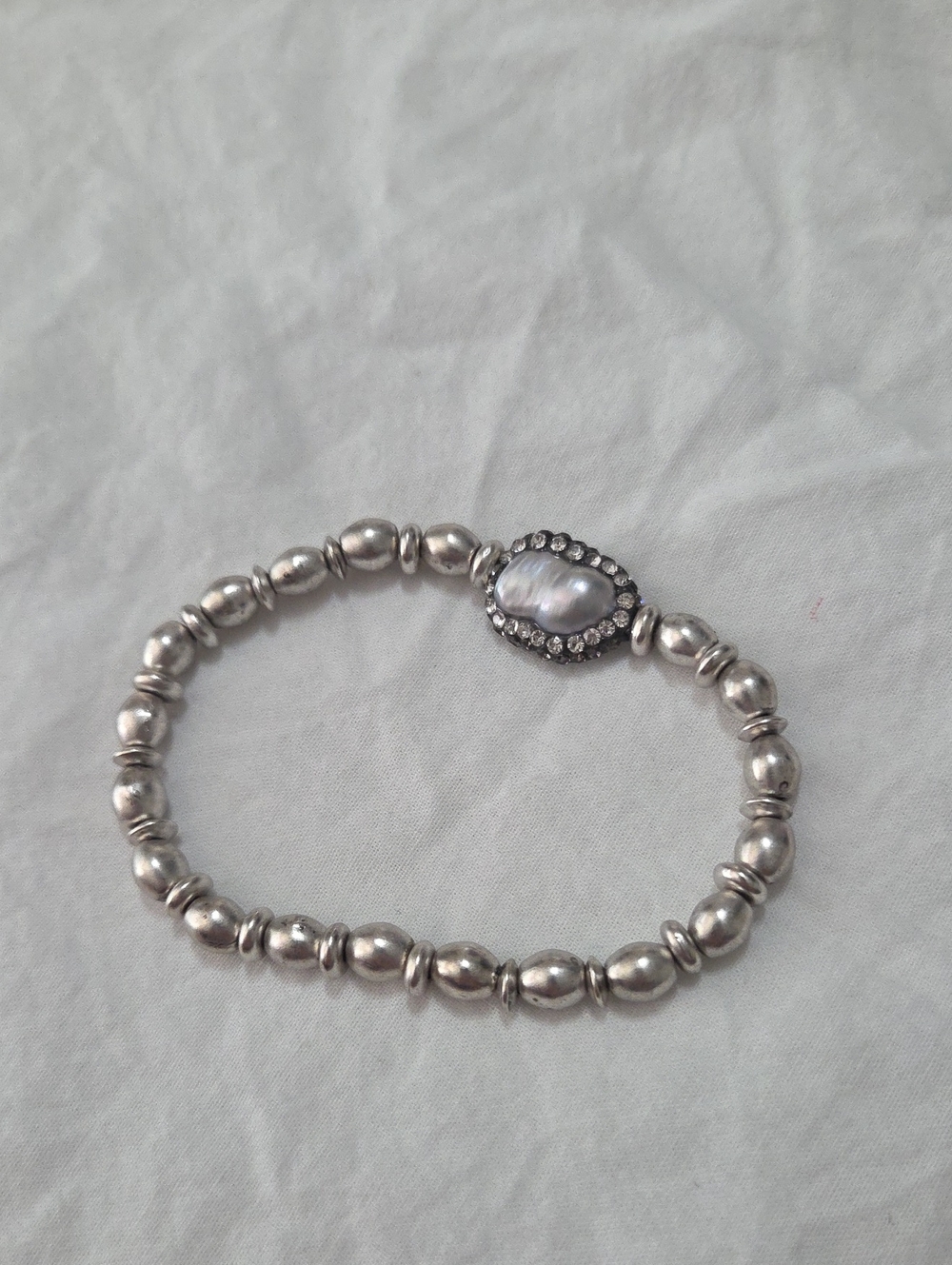 Chico's Silver Bead Stretch Bracelet with Faux Pearl and Crystal Accent